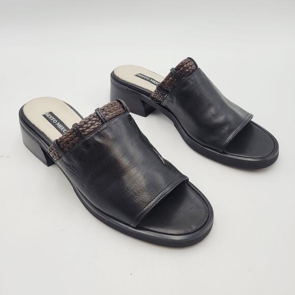 Sesto Meucci Womens 7 1/2M Black Leather Open Toe Slide Sandals Italy Woven - Picture 1 of 11